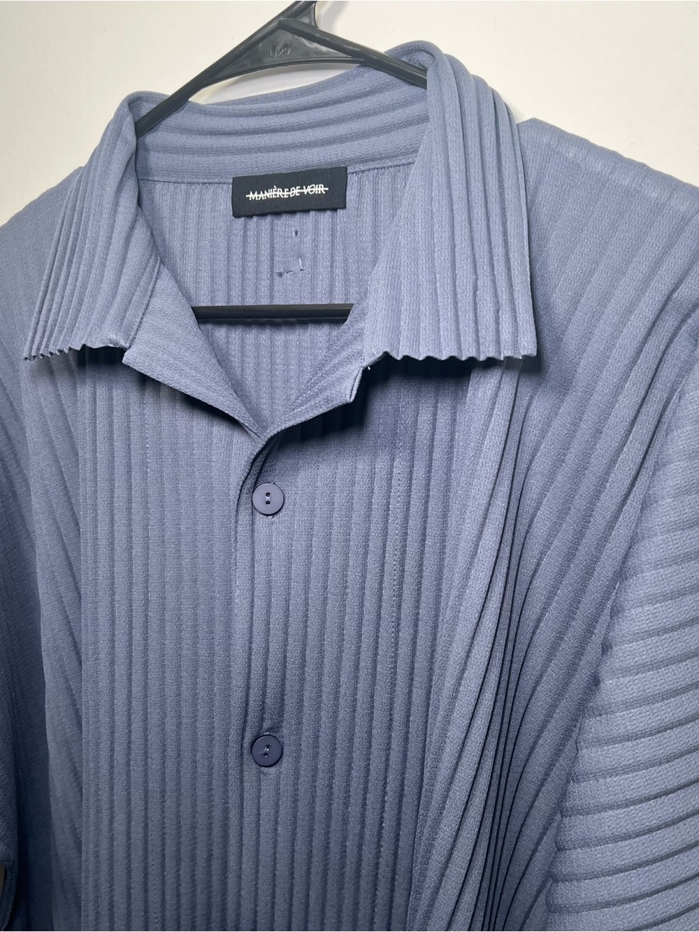 Manière De Voir Men Pleated Short Sleeve Button Up Shirt Blue Lagenlook Textured - Picture 7 of 15